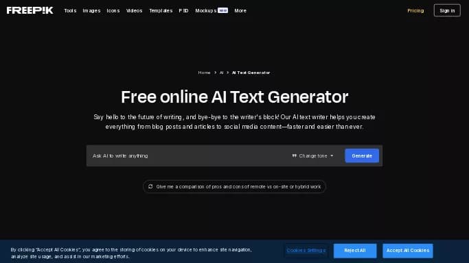 Freepik AI Text Generator — бесплатная нейросеть   для написания текста. Бесплатная версия с ограниченным функционалом, есть платные тарифы.