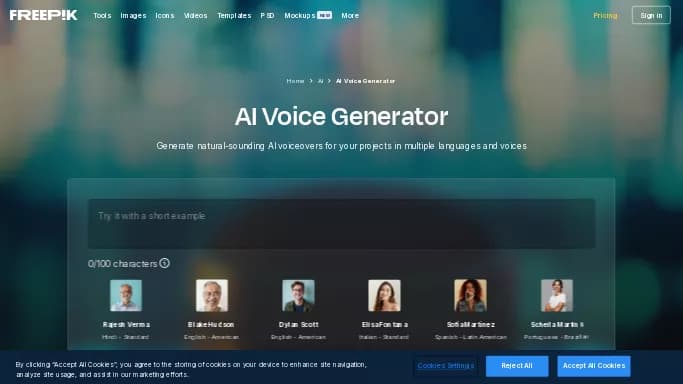 AI Voice Generator Freepik — бесплатная нейросеть   для создания голоса. Бесплатная версия с ограниченным функционалом, есть платные тарифы.