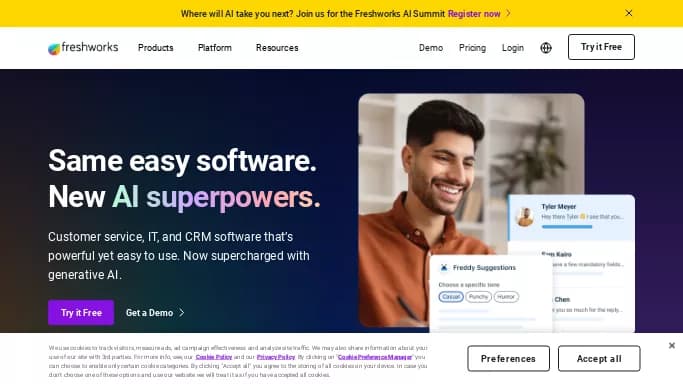 Freshworks — платная нейросеть   для маркетинга. Бесплатная версия с ограниченным функционалом, есть платные тарифы.