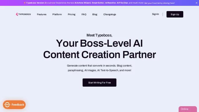 Typeboss — платная нейросеть   для копирайтинга. Бесплатная версия с ограниченным функционалом, есть платные тарифы.