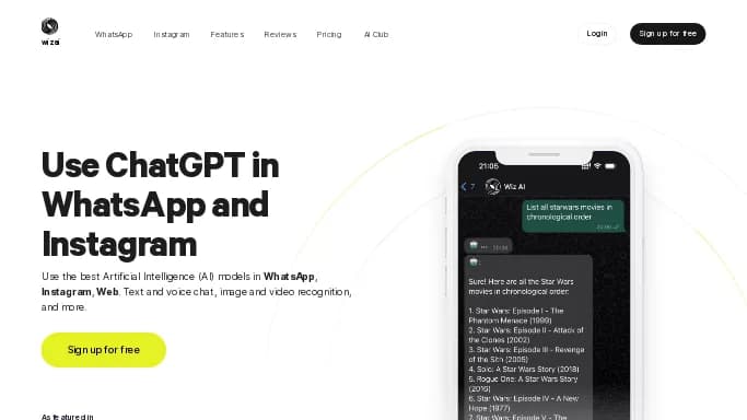 WizAI — бесплатная нейросеть   — чат-бот. Бесплатная версия с ограниченным функционалом, есть платные тарифы.