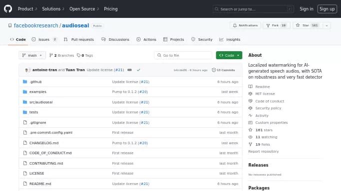 AudioSeal by Meta AI — бесплатная нейросеть   для определения ИИ,  для копирайтинга,  для редактирования аудио,  Open Source. 