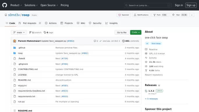 Roop AI — бесплатная нейросеть   для дипфейк(deepfake),  Open Source,  для редактирования видео. 