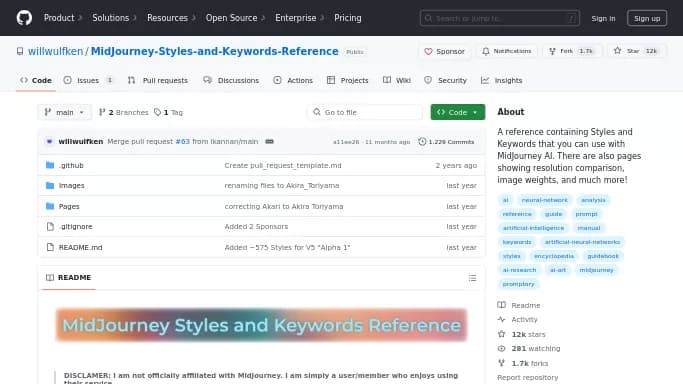 MidJourney Styles & Keywords — бесплатная нейросеть   Open Source,  для генерации промптов. 