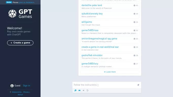 GPT Games — бесплатная нейросеть   в играх. Бесплатная версия с ограниченным функционалом, есть платные тарифы.