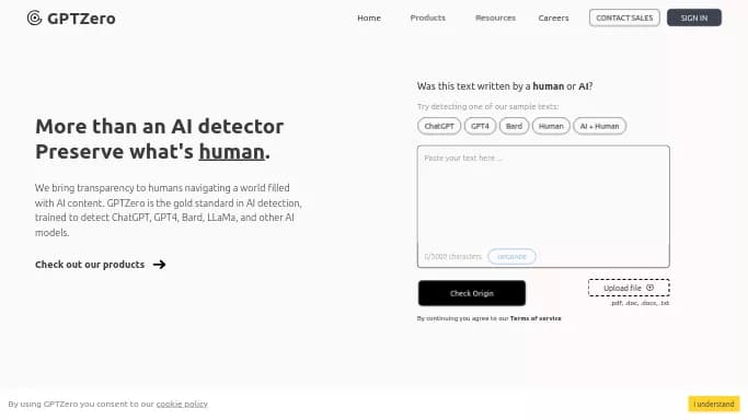 GPTZero — бесплатная нейросеть   для определения ИИ,  для копирайтинга, , расширения ChatGPT. 