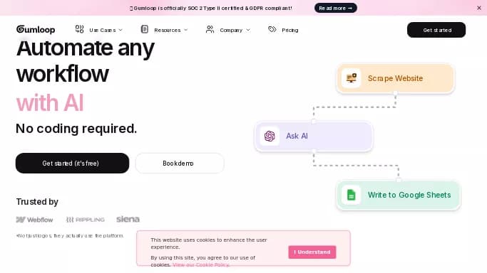 Gumloop — бесплатная нейросеть   для no Code/Low Code разработки, для помощи в автоматизации,  для маркетинга. Бесплатная версия с ограниченным функционалом, есть платные тарифы.