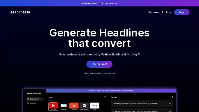 HeadlinesAI — бесплатная нейросеть   для копирайтинга. Бесплатная версия с ограниченным функционалом, есть платные тарифы.