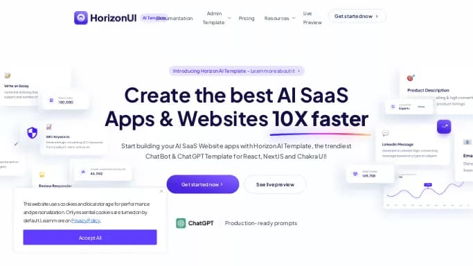 Horizon AI Template — бесплатная нейросеть   для no Code/Low Code разработки,  — чат-бот,  для маркетинга. Бесплатная версия с ограниченным функционалом, есть платные тарифы.