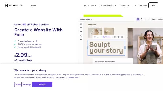Hostinger AI Website Builder — платная нейросеть   для no Code/Low Code разработки,  для дизайна,  для маркетинга. Бесплатная версия с ограниченным функционалом, есть платные тарифы.