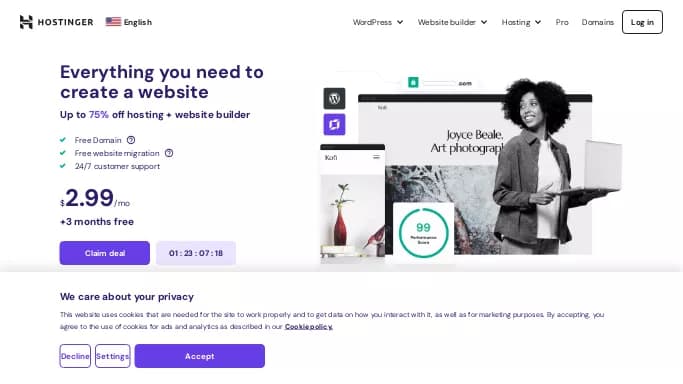 Hostinger — платная нейросеть   для no Code/Low Code разработки,  для маркетинга. Бесплатная версия с ограниченным функционалом, есть платные тарифы.
