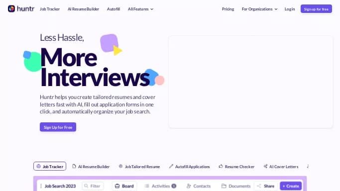 Huntr — бесплатная нейросеть   для маркетинга,  для повышения продуктивности,  помогающие в управлении персоналом. Бесплатная версия с ограниченным функционалом, есть платные тарифы.