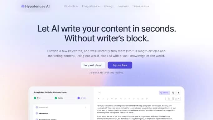 Hypotenuse ai — бесплатная нейросеть   для маркетинга. Бесплатная версия с ограниченным функционалом, есть платные тарифы.