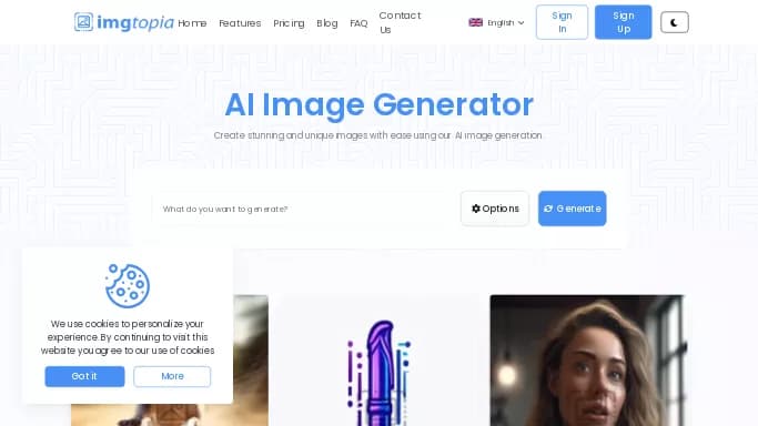 IMGtopia — бесплатная нейросеть   для создания изображений. Бесплатная версия с ограниченным функционалом, есть платные тарифы.