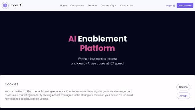 IngestAI — бесплатная нейросеть   — чат-бот,  для маркетинга,  для повышения продуктивности. Бесплатная версия с ограниченным функционалом, есть платные тарифы.