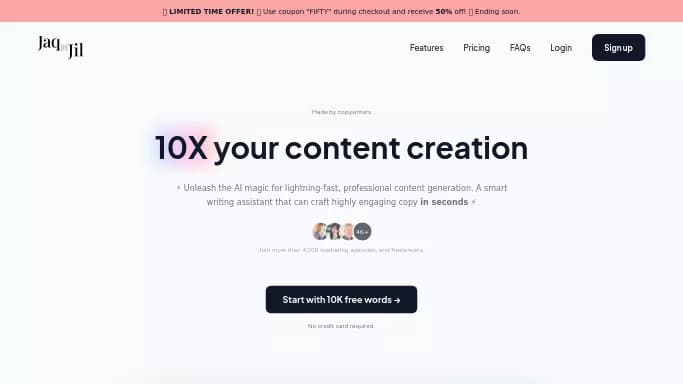 Jaq n Jil — бесплатная нейросеть   для маркетинга,  для написания текста,  для копирайтинга. Бесплатная версия с ограниченным функционалом, есть платные тарифы.