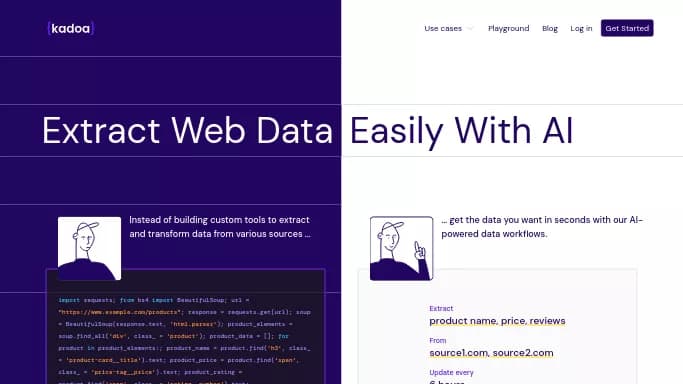 Kadoa — бесплатная нейросеть   для анализа данных,  для no Code/Low Code разработки. Бесплатная версия с ограниченным функционалом, есть платные тарифы.