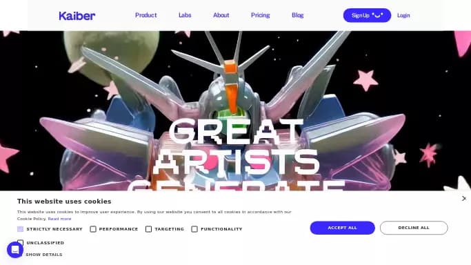 Kaiber Superstudio — бесплатная нейросеть   для создания изображений,  для редактирования изображений. Бесплатная версия с ограниченным функционалом, есть платные тарифы.