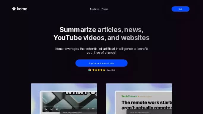 Kome Summarizer — бесплатная нейросеть   для суммаризации текста,  для повышения продуктивности,  для помощи в образовании. Бесплатная версия с ограниченным функционалом, есть платные тарифы.