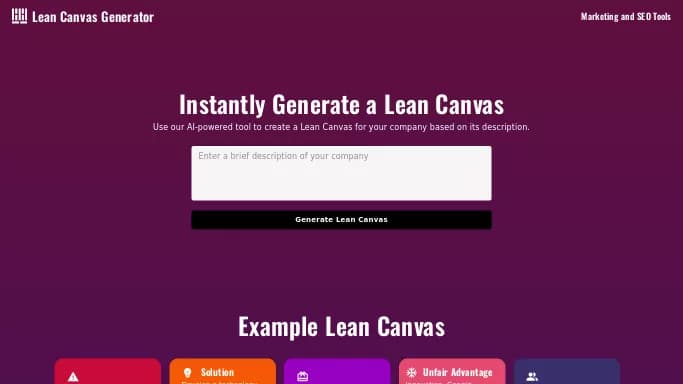 AI Lean Canvas Generator — бесплатная нейросеть   для научно-исследовательской деятельности. Бесплатная версия с ограниченным функционалом, есть платные тарифы.