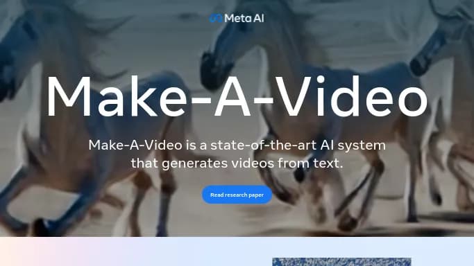 Make-A-Video (Meta) — бесплатная нейросеть  undefined. Бесплатная версия с ограниченным функционалом, есть платные тарифы.