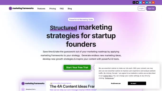 Marketing Frameworks — платная нейросеть   для маркетинга. Бесплатная версия с ограниченным функционалом, есть платные тарифы.