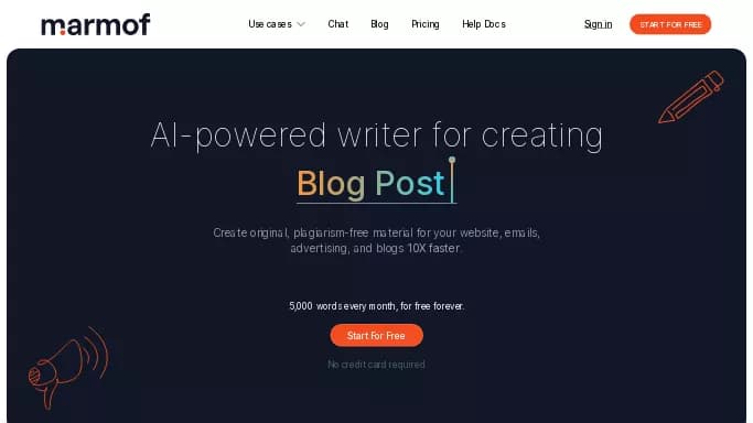 Marmof — бесплатная нейросеть   для копирайтинга. Бесплатная версия с ограниченным функционалом, есть платные тарифы.