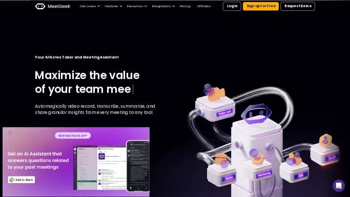 MeetGeek — бесплатная нейросеть   для повышения продуктивности, для помощи в автоматизации,  для транскрибации аудио и видео,  для помощи в образовании,  для суммаризации текста. 