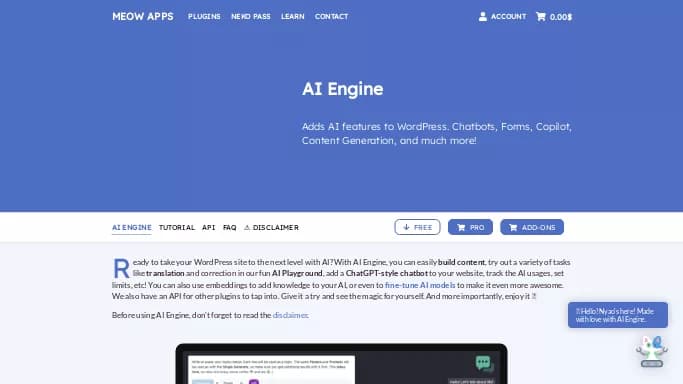AI Engine — бесплатная нейросеть   для no Code/Low Code разработки. Бесплатная версия с ограниченным функционалом, есть платные тарифы.