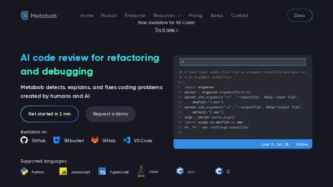 Metabob — бесплатная нейросеть   для разработки программного обеспечения. Бесплатная версия с ограниченным функционалом, есть платные тарифы.