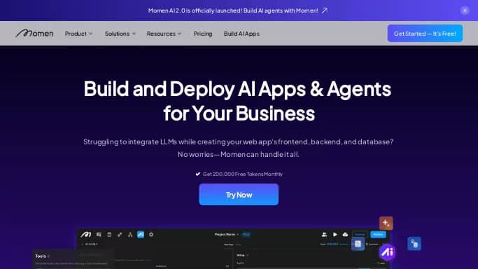 Momen — бесплатная нейросеть  , автономные ИИ (AGI),  для разработки программного обеспечения,  для no Code/Low Code разработки. Бесплатная версия с ограниченным функционалом, есть платные тарифы.