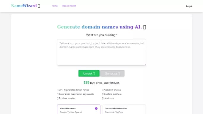 NameWizard — платная нейросеть   для маркетинга. Бесплатная версия с ограниченным функционалом, есть платные тарифы.