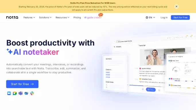 Notta AI — бесплатная нейросеть   для маркетинга,  для транскрибации аудио и видео,  для повышения продуктивности,  для помощи в образовании. Бесплатная версия с ограниченным функционалом, есть платные тарифы.