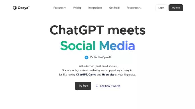 Ocoya — бесплатная нейросеть   для маркетинга,  для SMM. Бесплатная версия с ограниченным функционалом, есть платные тарифы.