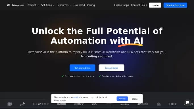 Octoparse AI — бесплатная нейросеть  для помощи в автоматизации,  для no Code/Low Code разработки. Бесплатная версия с ограниченным функционалом, есть платные тарифы.