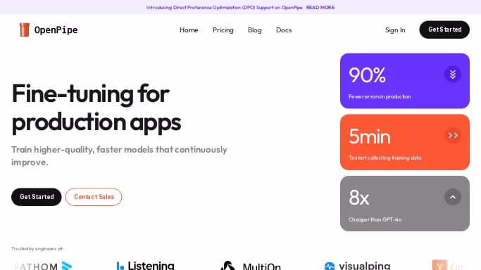 OpenPipe — бесплатная нейросеть   для разработки программного обеспечения, , автономные ИИ (AGI), для помощи в автоматизации. Бесплатная версия с ограниченным функционалом, есть платные тарифы.