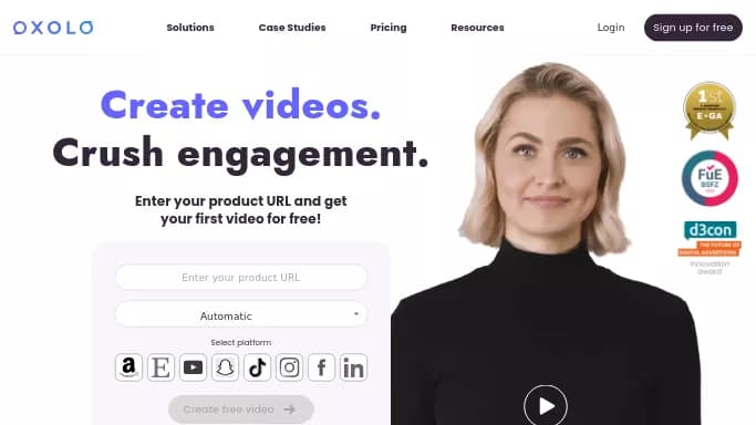 Oxolo — бесплатная нейросеть   для маркетинга,  для создания видео. Бесплатная версия с ограниченным функционалом, есть платные тарифы.