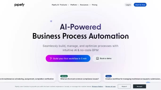 Pipefy — платная нейросеть  для помощи в автоматизации,  помогающие в управлении персоналом,  для работы с финансами. 