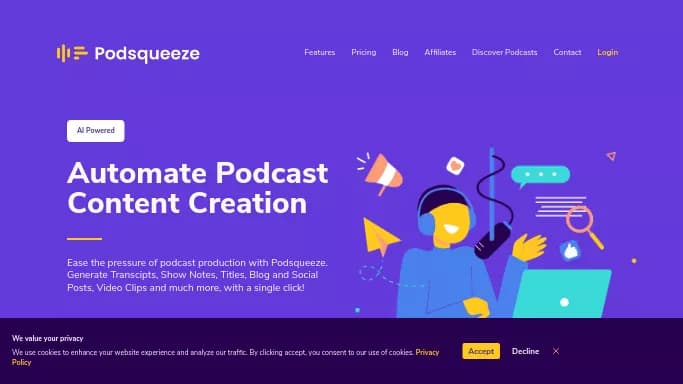 Podsqueeze — бесплатная нейросеть   для транскрибации аудио и видео,  для повышения продуктивности,  для помощи в образовании. Бесплатная версия с ограниченным функционалом, есть платные тарифы.