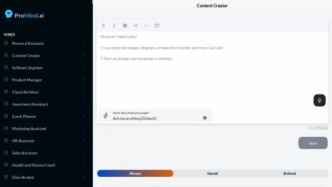 Promind — бесплатная нейросеть   для копирайтинга. Бесплатная версия с ограниченным функционалом, есть платные тарифы.