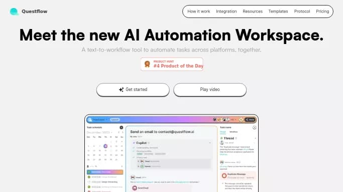 Questflow — бесплатная нейросеть  для помощи в автоматизации,  для маркетинга,  для анализа данных,  для повышения продуктивности. Бесплатная версия с ограниченным функционалом, есть платные тарифы.