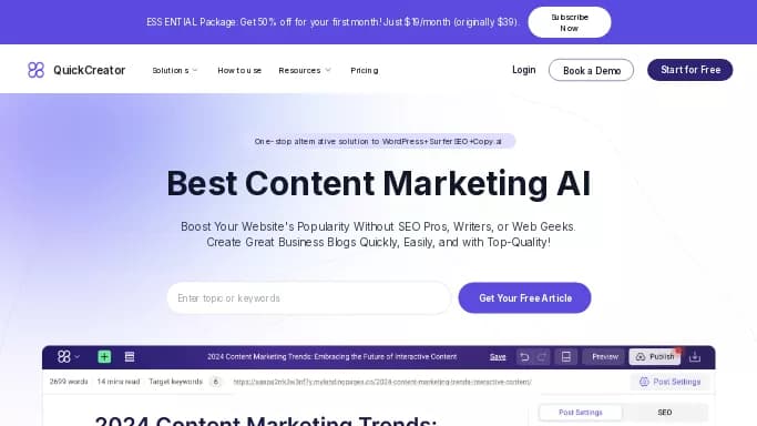 Quick Creator — бесплатная нейросеть   для копирайтинга,  для маркетинга,  для написания текста. Бесплатная версия с ограниченным функционалом, есть платные тарифы.