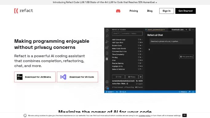 Refact AI — бесплатная нейросеть   для разработки программного обеспечения. Бесплатная версия с ограниченным функционалом, есть платные тарифы.
