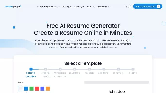 Free AI Resume Generator — бесплатная нейросеть   помогающие в управлении персоналом,  для повышения продуктивности, для помощи в автоматизации,  для помощи в образовании. 