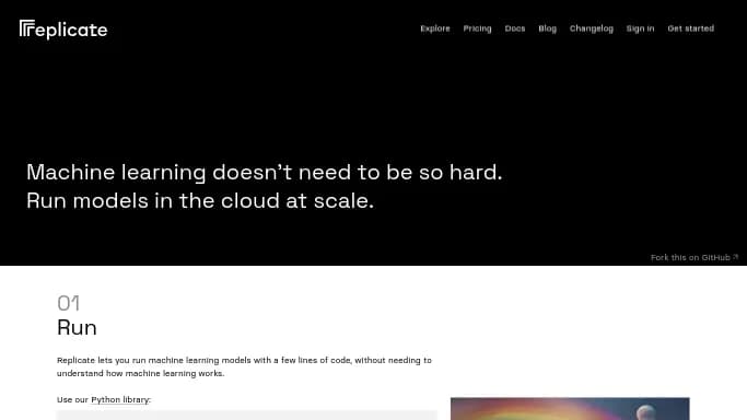 Replicate AI — бесплатная нейросеть   для разработки программного обеспечения,  для no Code/Low Code разработки. Бесплатная версия с ограниченным функционалом, есть платные тарифы.