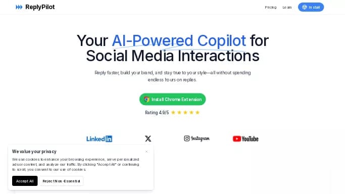 ReplyPilot — платная нейросеть   для маркетинга,  для SMM. Бесплатная версия с ограниченным функционалом, есть платные тарифы.