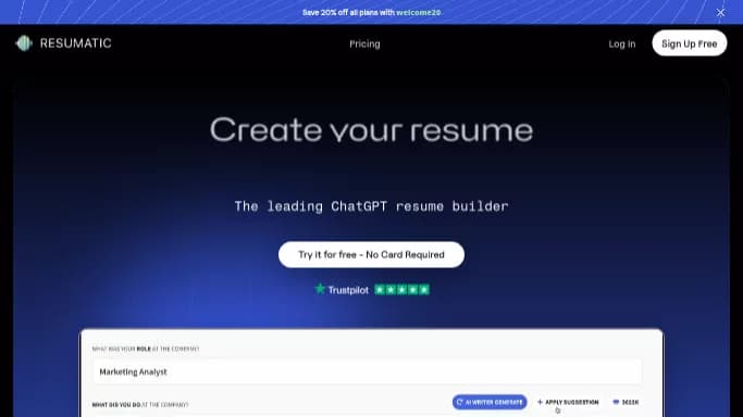 Resumatic — бесплатная нейросеть   для маркетинга,  помогающие в управлении персоналом,  для повышения продуктивности. Бесплатная версия с ограниченным функционалом, есть платные тарифы.