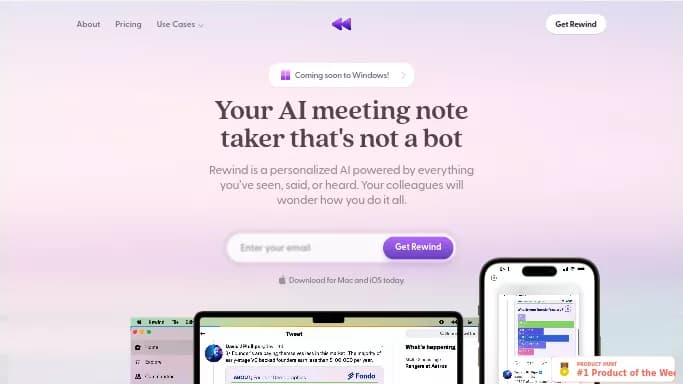 Rewind AI — бесплатная нейросеть   для повышения продуктивности,  в области памяти. Бесплатная версия с ограниченным функционалом, есть платные тарифы.