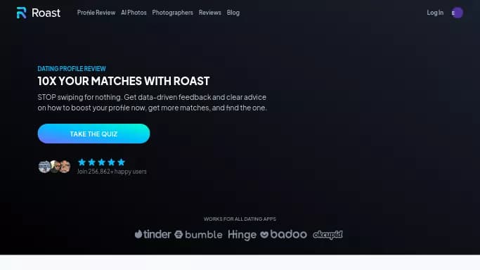 Roast Dating — бесплатная нейросеть   для знакомств,  для повышения продуктивности. Бесплатная версия с ограниченным функционалом, есть платные тарифы.