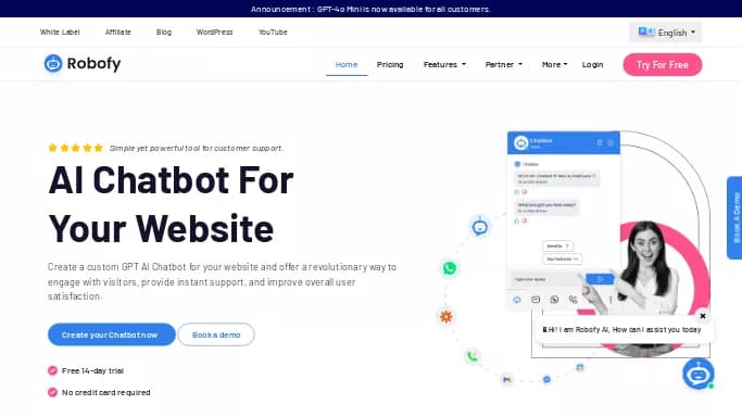 Robofy — платная нейросеть   — чат-бот,  для маркетинга. Бесплатная версия с ограниченным функционалом, есть платные тарифы.